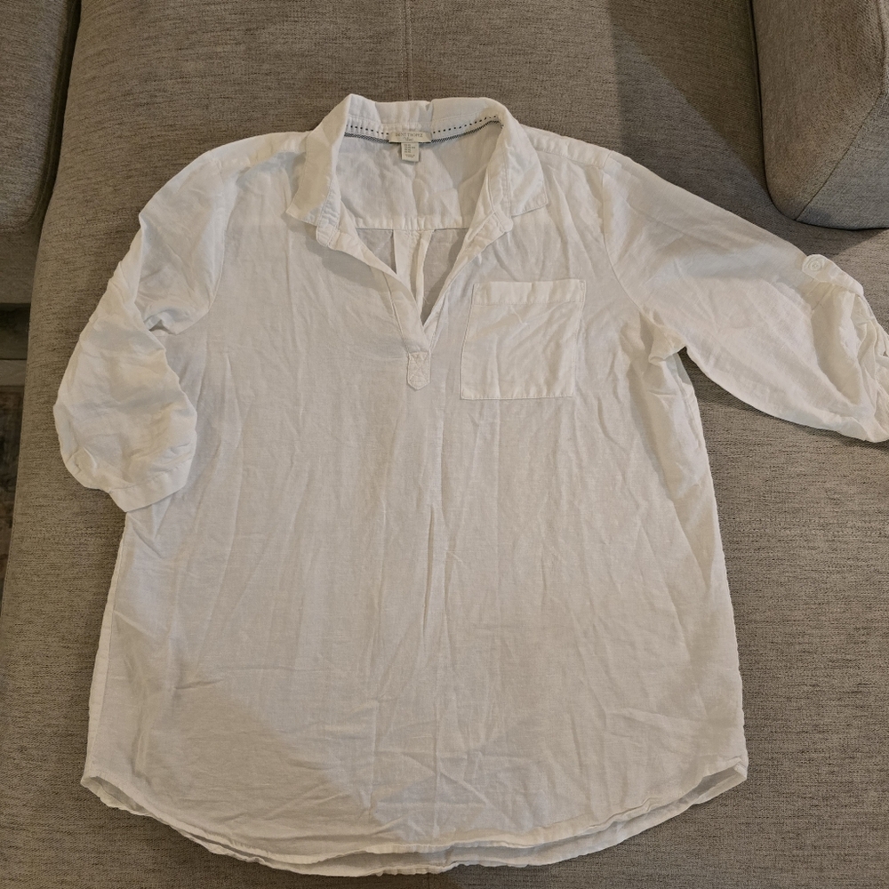 St. Tropez West White Linen/Cotton Long Blouse Sz XL